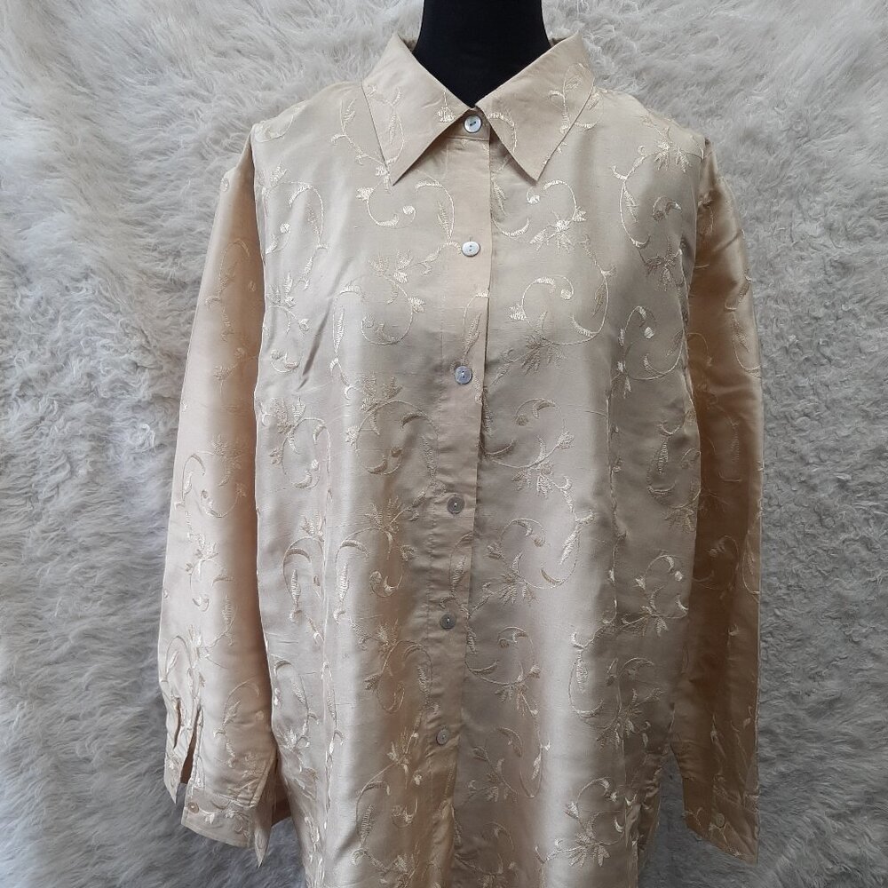 Silk Land Women's 100% Silk Cream Embrodery Buttons Up Shirt Size 1X